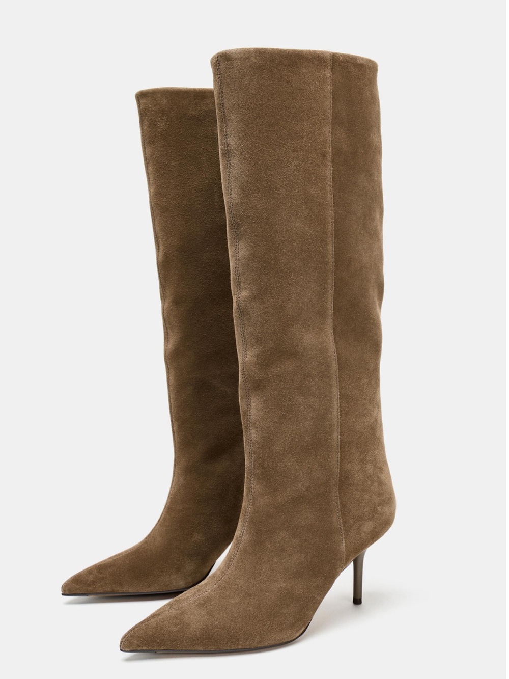 New Zara Leather Tan Knee-High Pointed-Toe Stiletto Boots